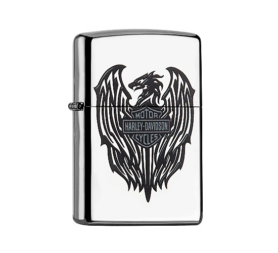 Zippo Harley-Davidson Black dragon met gepolijste chrome afwerking en zwart gedetailleerd draakmotief en Harley-Davidson logo
