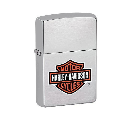 Zippo Harley Davidson Chrome aansteker met geborstelde afwerking en origineel oranje zwart Harley Davidson logo