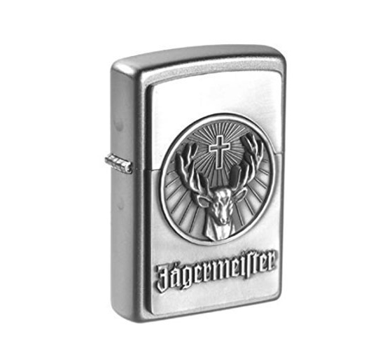 Mat chrome Zippo met 3D Jagermeister logo