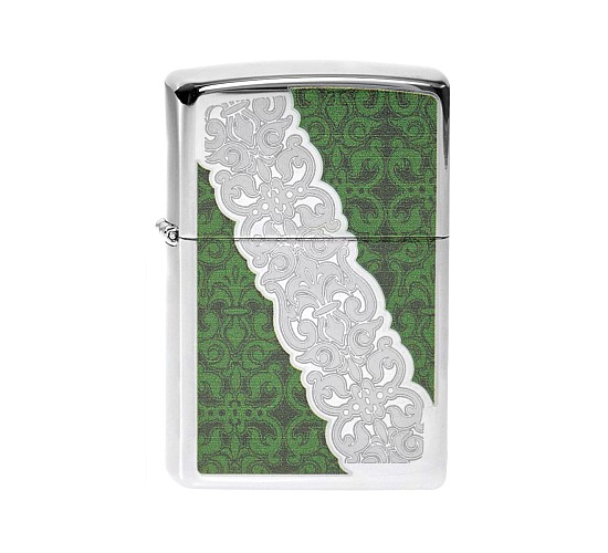 Zippo Luxury green chrome aansteker met luxe gravure en groene print