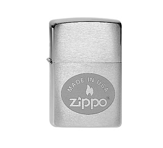 Zippo Made in USA 2 aansteker in chrome met geborstelde afwerking en lasergegraveerd logo in ovale vorm
