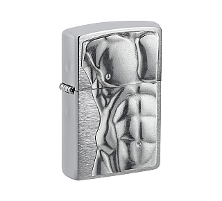 Zippo aansteker met geborstelde chromen afwerking en 3D embleem van mannelijk torso