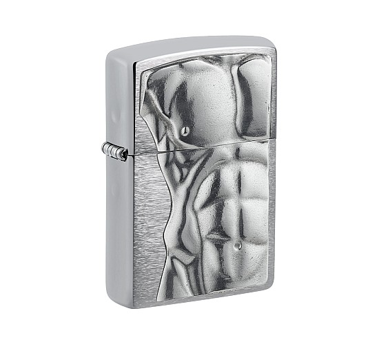Zippo aansteker met geborstelde chromen afwerking en 3D embleem van mannelijk torso