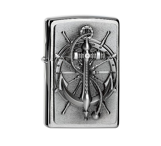 Zippo Nautic aansteker met nautisch kompas embleem in reliëf, geborstelde chromen afwerking