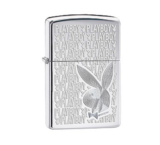 Zippo Playboy high polish chrome aansteker met lasergravures van Playboy logo en grote bunny