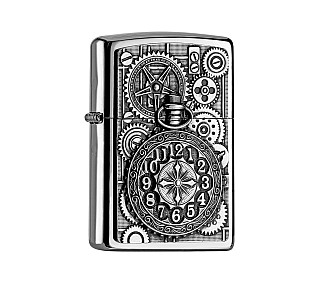 Zippo Pocket watch aansteker in gepolijst chrome met reliëf zakhorloge en mechanische tandwielen