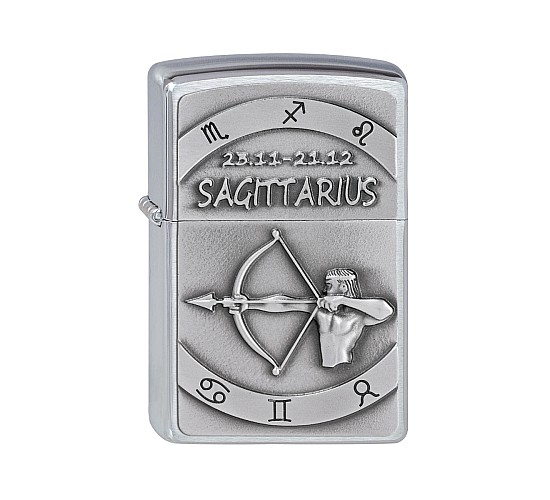 Zippo Sagittarius emblem Zodiac aansteker met chrome geborstelde afwerking en boogschutter reliëf