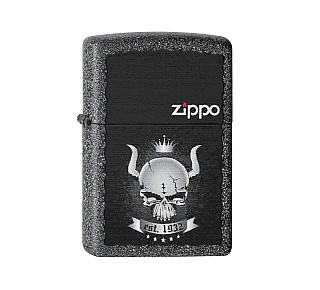 Zippo Skull crown aansteker in zwart-grijs met doodskop en kroon print, ironstone afwerking