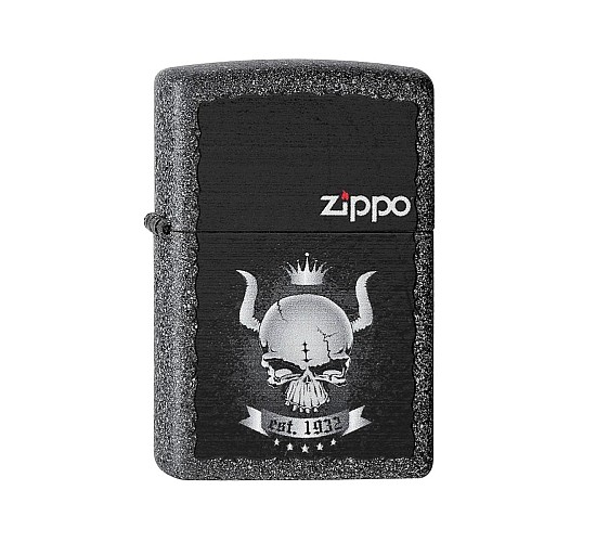 Zippo Skull crown aansteker in zwart-grijs met doodskop en kroon print, ironstone afwerking