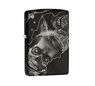 Zippo Soft touch zombie aansteker met zwarte en grijze zombie print en zachte rubberachtige soft touch afwerking