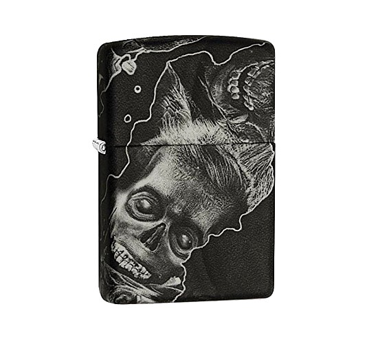 Zippo Soft touch zombie aansteker met zwarte en grijze zombie print en zachte rubberachtige soft touch afwerking