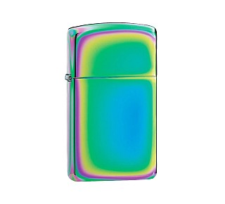 Zippo Spectrum slim aansteker met gepolijste afwerking en kleurrijk spectrum in groen, blauw, paars en geel