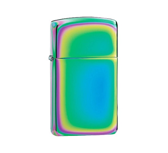 Zippo Spectrum slim aansteker met gepolijste afwerking en kleurrijk spectrum in groen, blauw, paars en geel