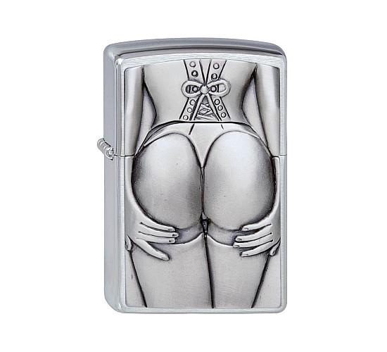 Zippo Stocking Girl emblem Regular met geborstelde chroom afwerking en gedetailleerd reliëf van vrouw in kousen