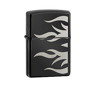 Zippo Tattoo Flame aansteker in ebony kleur met lasergegraveerd vlammenpatroon en gepolijste afwerking