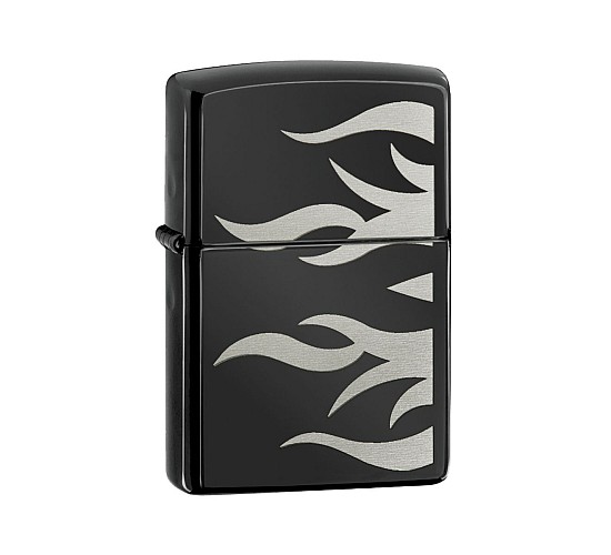 Zippo Tattoo Flame aansteker in ebony kleur met lasergegraveerd vlammenpatroon en gepolijste afwerking