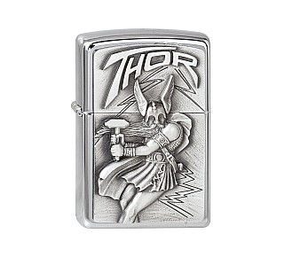 Zippo regular met geborsteld chrome oppervlak en hoog reliëf embleem van Viking god Thor met hamer