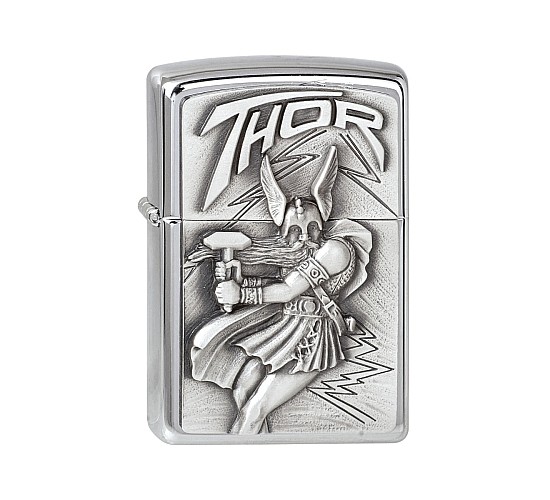 Zippo regular met geborsteld chrome oppervlak en hoog reliëf embleem van Viking god Thor met hamer