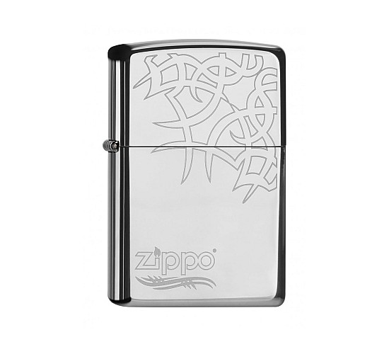 Zippo Tribal Tattoo aansteker in gepolijst chrome met lasergegraveerd tribal motief en Zippo logo