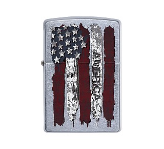 Zippo aansteker met street chrome afwerking en print van Amerikaanse vlag met stars and stripes en tekst America