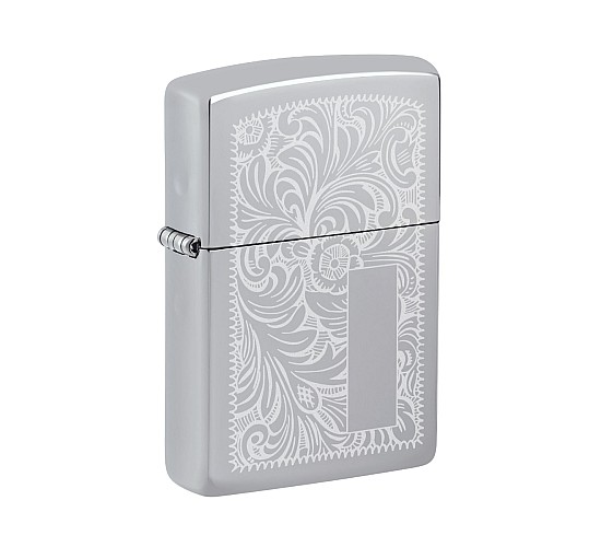Zippo Venetian chrome aansteker met gepolijste afwerking en Venetiaanse lasergravure
