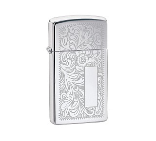 Zippo Venetian chrome slim met gepolijste chroomkleur en lasergegraveerd Venetiaans bladerenpatroon