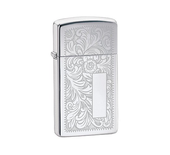 Zippo Venetian chrome slim met gepolijste chroomkleur en lasergegraveerd Venetiaans bladerenpatroon