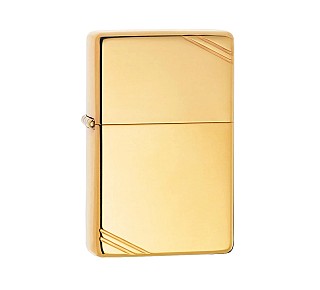 Zippo Vintage high polished messing aansteker met glanzende gepolijste afwerking en diagonale inkepingen