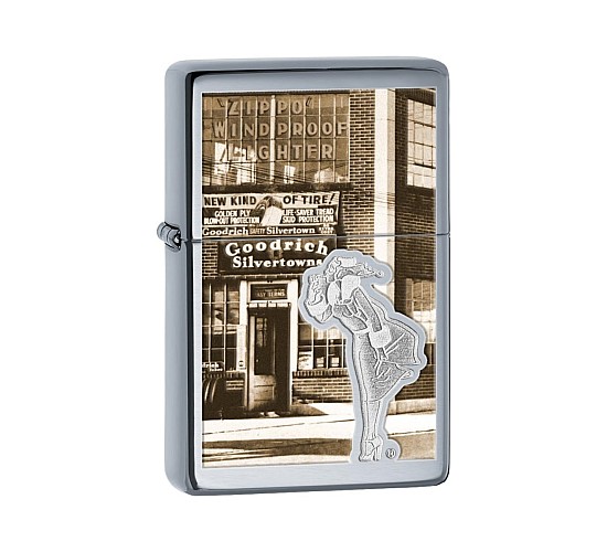 Vintage Zippo Windy Windproof aansteker met chromen behuizing, sepia bruine print van fabriek en gegraveerde Windy girl