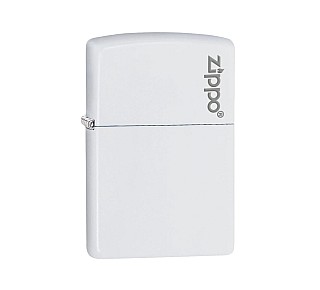 Zippo White met logo aansteker, Regular model, matte witte afwerking met grijs logo