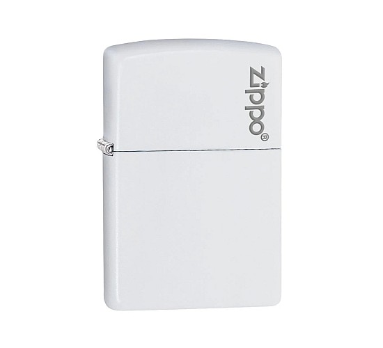 Zippo White met logo aansteker, Regular model, matte witte afwerking met grijs logo