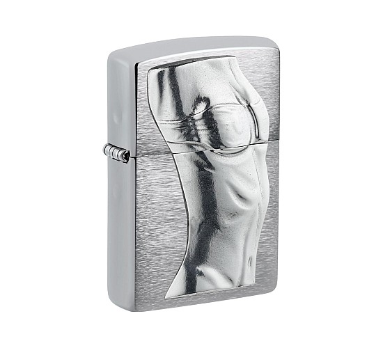 Zippo Women Torso Regular met geborsteld chromen afwerking en 3D vrouwentorso embleem