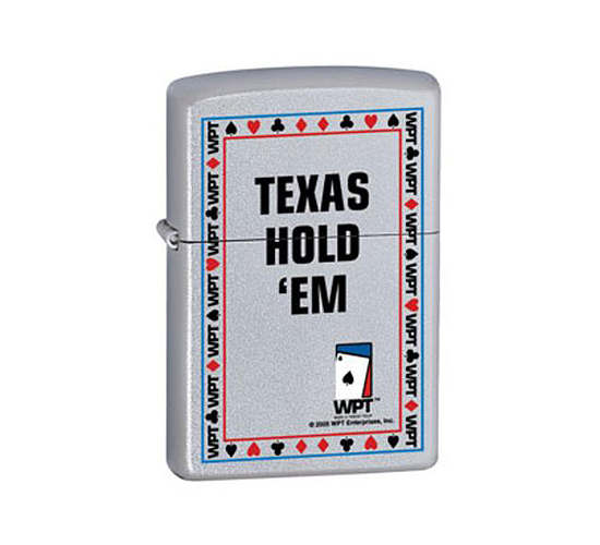 Zippo Texas Holdem WPT regular aansteker in satin chrome met kaartensymbolen en Texas Hold'em tekst