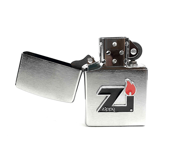 Zippo brushed chrome met Pewter Zi Flame logo