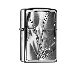 Zippo Zipper Girl geborstelde chrome aansteker met reliëf van vrouw in strakke bodysuit die rits opent