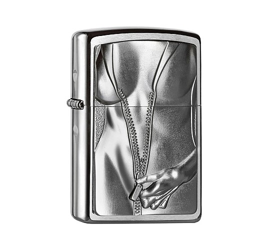 Zippo Zipper Girl geborstelde chrome aansteker met reliëf van vrouw in strakke bodysuit die rits opent